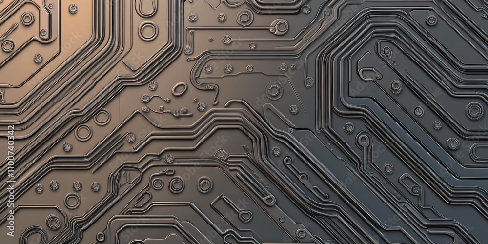 Poster A close-up view of a circuit board showcasing intricate patterns of pathways and connections in a metallic finish.