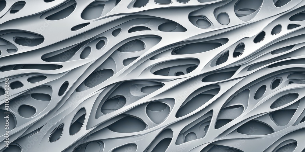 Poster An abstract design featuring intricate, wave-like patterns with organic forms and cutouts, creating a modern, textured appearance.