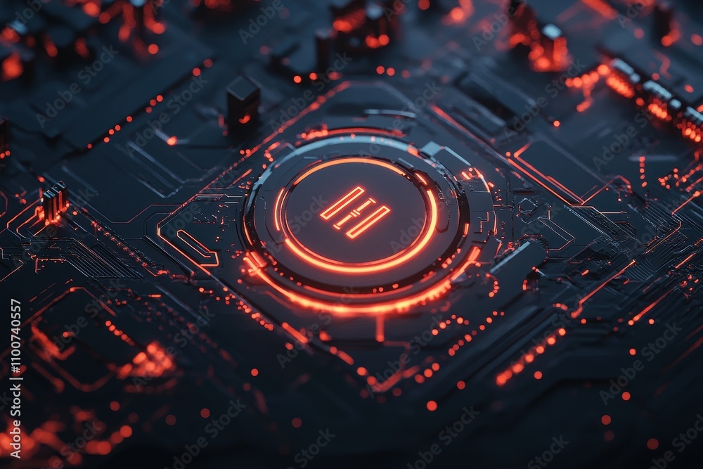 Poster A close-up view of a circuit board with glowing red accents, showcasing intricate electronic components and a central processor.