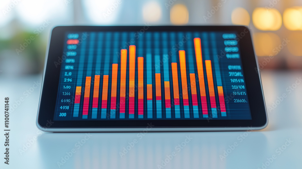 Poster close up of digital tablet displaying colorful data visualization charts