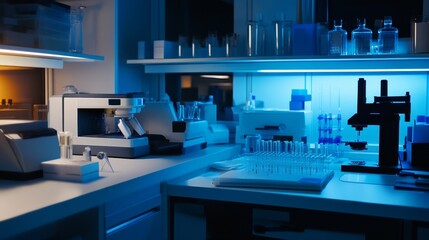 Naklejka premium A high-tech forensic investigation lab with crime scene analysis equipment and DNA sequencing tools, Forensic style, photo of