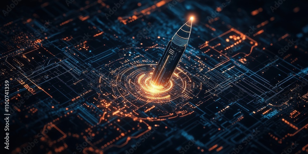 Fototapete A futuristic digital landscape featuring a towering structure emanating light, surrounded by intricate circuit patterns and glowing elements.