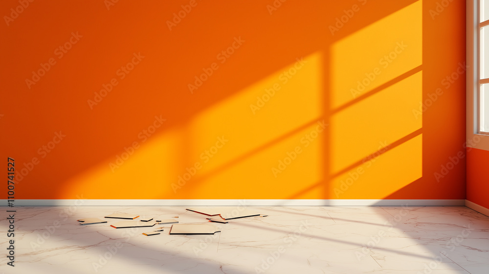 Poster bright orange room with sunlight casting shadows on floor, creating serene atmosphere