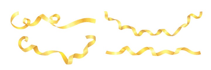 Set of shiny yellow, golden serpentine ribbon with curls on isolated background. Hand drawn watercolor illustration. Holiday decoration for design, cards, invitations, congratulations, packaging