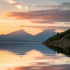 Obraz premium Sunset over a calm lake with soft reflections and mountains in the distance. 