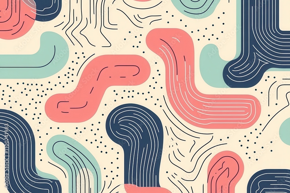 Aufkleber a colorful abstract pattern featuring swirling lines and shapes in coral, mint, and navy on a light 