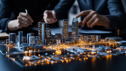 Naklejka premium Urban planners discussing city model with zoning regulations in focus