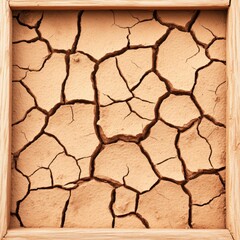 Cracked dry earth in a wooden frame.