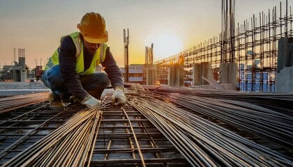 Fototapeta premium A construction worker, dressed in a yellow hard hat and safety vest, is handling steel rebar while working on a building site during sunset.
