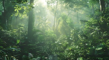 Obraz premium Mystical sunbeams illuminate a dense, green tropical rainforest, creating a serene and peaceful atmosphere.