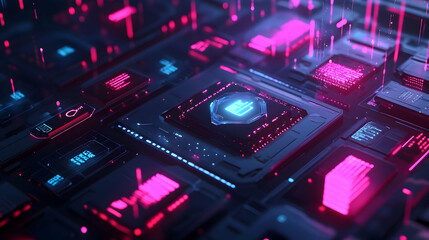 Obraz premium A glowing digital microprocessor on a circuit board representing advanced computing and IT systems.