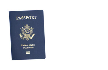 Naklejka premium United States of America passport is an official travel document issued by a government that certifies a persons identity and nationality for international travel. Isolated on white with copy space