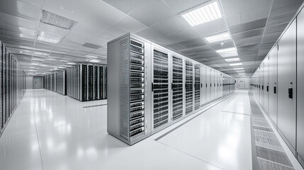 A modern corridor inside a busy data center with rows of servers creating a sense of high-tech, efficiency, and connectivity, symbolizing the backbone of digital infrastructure