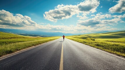 Fototapeta premium Person running on open road through green fields under blue sky with scattered clouds
