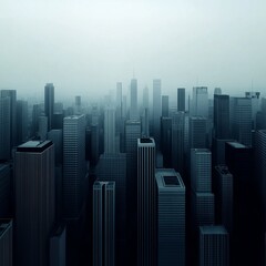 Fototapeta premium Foggy cityscape, aerial view of skyscrapers in a hazy atmosphere.