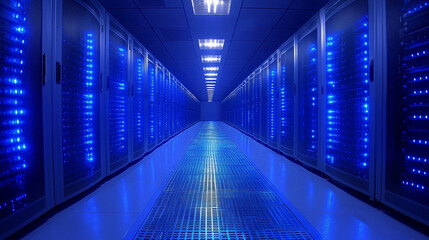 Fototapeta premium A modern corridor inside a busy data center with rows of servers creating a sense of high-tech, efficiency, and connectivity, symbolizing the backbone of digital infrastructure