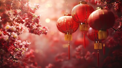 Obraz premium Create a vibrant copy space background for Chinese New Year, adorned with traditional symbols like lanterns and cherry blossoms, using rich red and gold hues to evoke a festive atmosphere ideal 