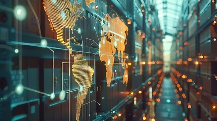 Digital world map displayed on a server rack, symbolizing global connectivity and data flow in a futuristic setting.