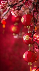 Obraz premium Create a vibrant copy space background for Chinese New Year, adorned with traditional symbols like lanterns and cherry blossoms, using rich red and gold hues to evoke a festive atmosphere ideal 