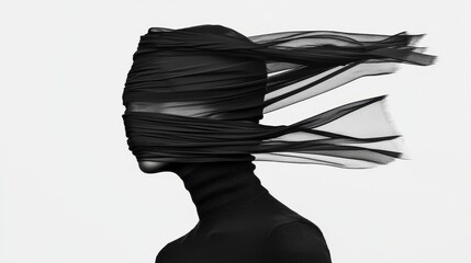 Abstract figure wrapped in flowing black fabric against a white background