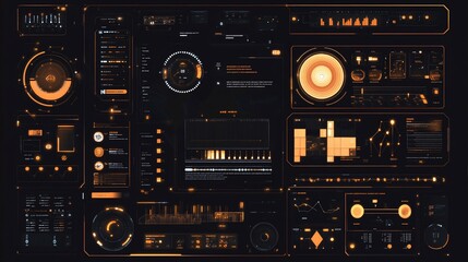 Obraz premium Futuristic orange and black digital interface with various data displays and controls.