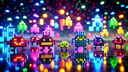 Retro Arcade Game Pixel Monsters: Silhouettes of 8-Bit Aliens, Robots, Zombies, and Viruses with Bokeh Effect for a Nostalgic Video Game Vibe