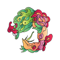 Vector abstract cartoon doodle skull, botanical, nature, and head colorful illustration. Liquid and fluid abstract tribal tattoo, sticker, banner and wallpaper background.Vector illustration