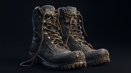 A pair of muddy, worn leather hiking boots with laces, on a black background.