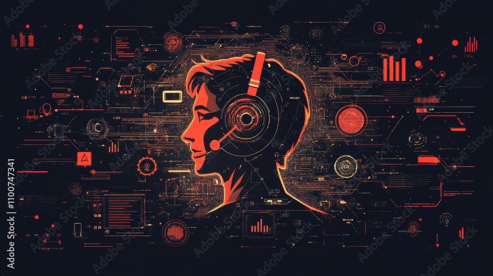 Poster a digital illustration of a person wearing headphones, surrounded by data visuals and technology-ins