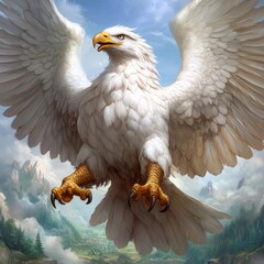 Majestic white eagle soaring above mountain landscape.