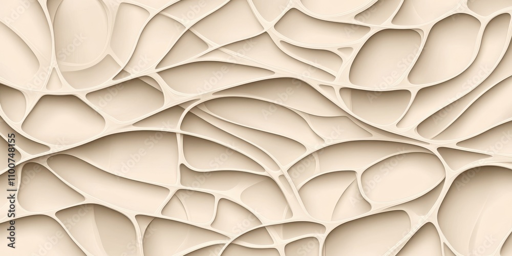 Poster a textured, abstract pattern of interwoven shapes in soft beige tones, resembling organic forms and 
