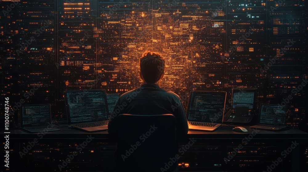 Aufkleber a figure sits before multiple screens, illuminated by a vibrant cityscape, embodying themes of techn