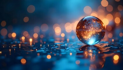 A dreamy abstract composition of glowing golden orbs and blue light rays creating a sparkling bokeh effect on a rich sapphire canvas.
