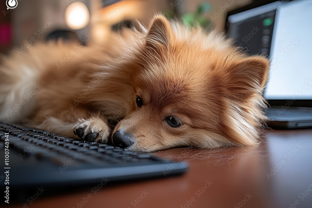 Poster a fluffy pomeranian dog rests its head on a keyboard, blending the charm of pets with a modern works