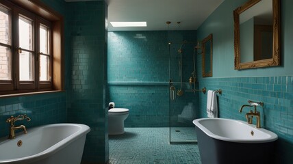 Teal tiled bathroom with freestanding tubs, shower, and window.