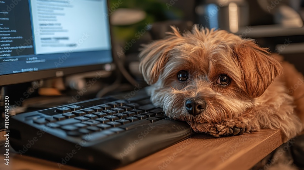 Aufkleber A cute dog resting its head on a computer keyboard, surrounded by a cozy workspace, creating a charming blend of technology and companionship.