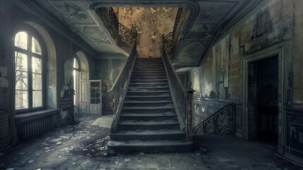 Fototapeta premium Haunting image of an abandoned mansion's decaying staircase, evoking feelings of mystery and forgotten grandeur.