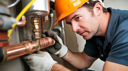 Plumber inspecting copper pipes and fittings during home repair.