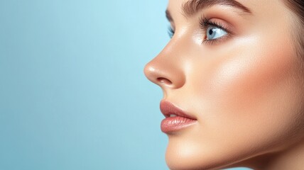 Woman with clear skin, light makeup, and blue eyes, facing sideways