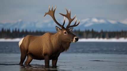 Obraz premium Majestic elk standing in shallow, icy water with mountains in the background.