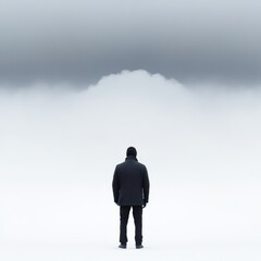 Obraz premium Solitary figure in a foggy, desolate landscape.