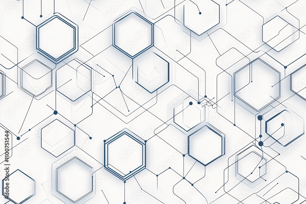 Poster A modern abstract design featuring interconnected hexagons and lines in shades of blue on a white background.