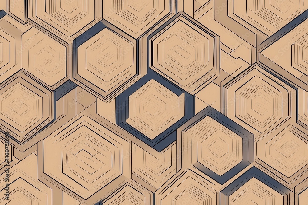 Poster A geometric pattern featuring interlocking hexagons in beige and blue tones, creating a visually appealing texture.