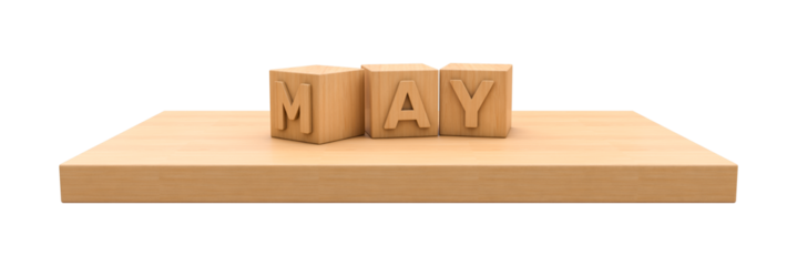 wooden cube with characters of word May on the wooden board
