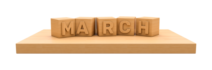 wooden cube with characters of word March on the wooden board
