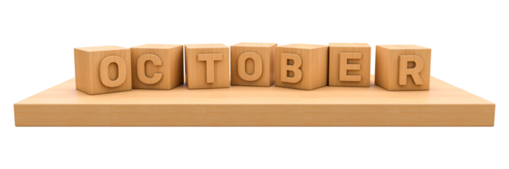 wooden cube with characters of word October on the wooden board