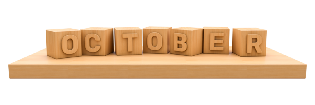 wooden cube with characters of word October on the wooden board