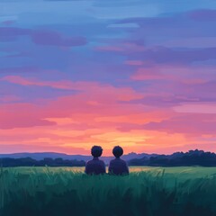 Naklejka premium Two figures sit in a grassy field, watching a vibrant sunset.