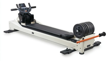 Rowing machine for muscle toning, with detailed focus on arms, back, and legs in a fitness-oriented environment