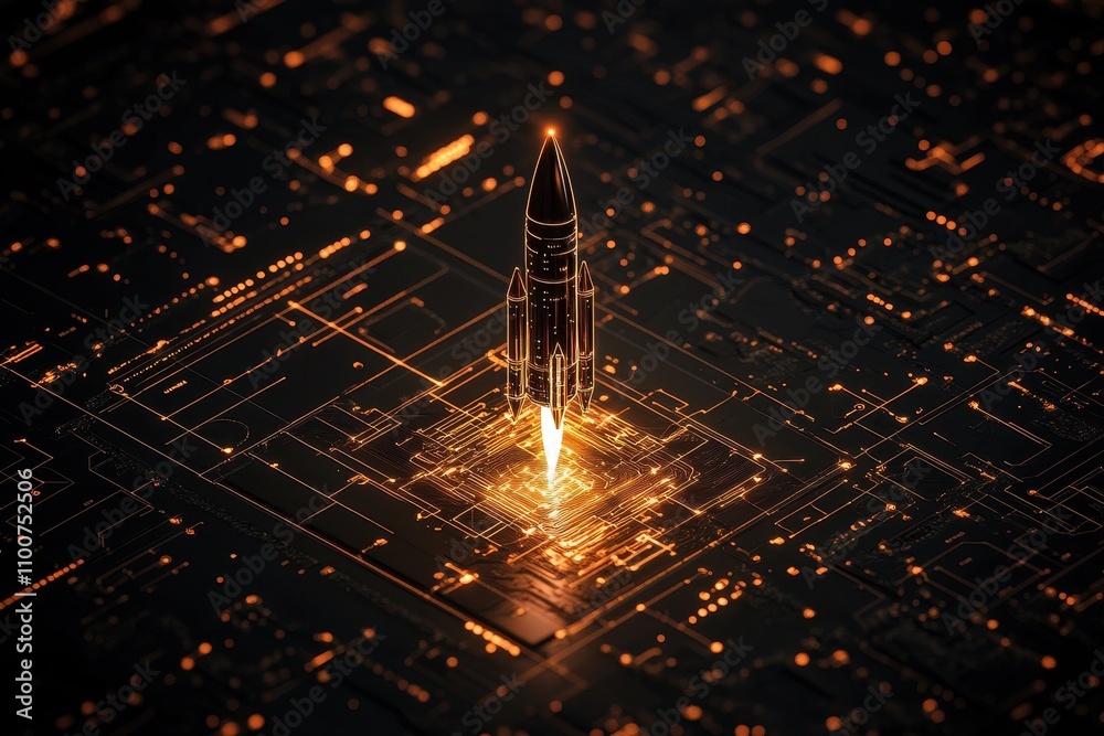 Poster a glowing rocket launches from a digital circuit board, symbolizing innovation and technology in a f